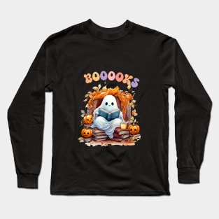 Funny Halloween Cute Ghost Book Reading School Teacher Long Sleeve T-Shirt